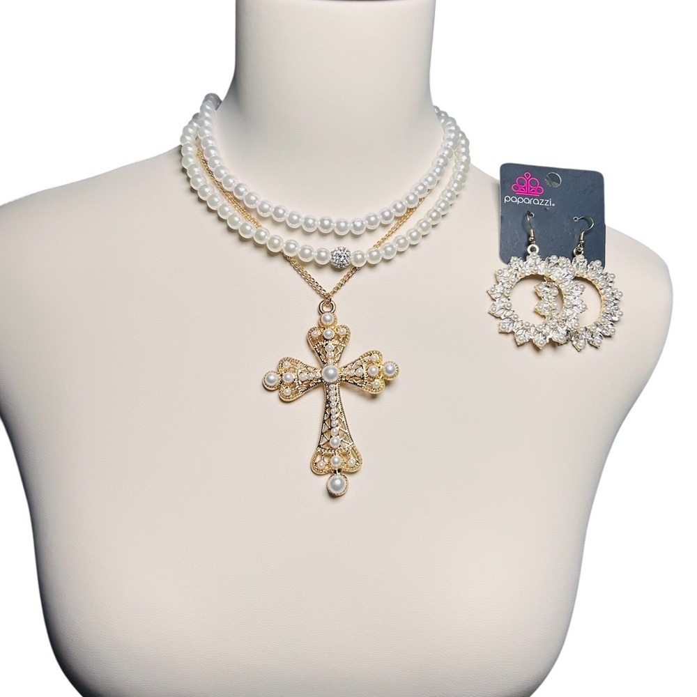 Thrift Store Cross Necklace & Earrings Bundle 4 PC Set